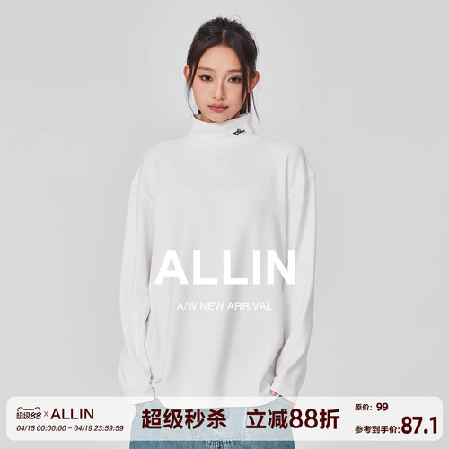 ALLIN 半高领t恤男女款春秋字母刺绣打底衫百搭纯色内搭情侣上衣
