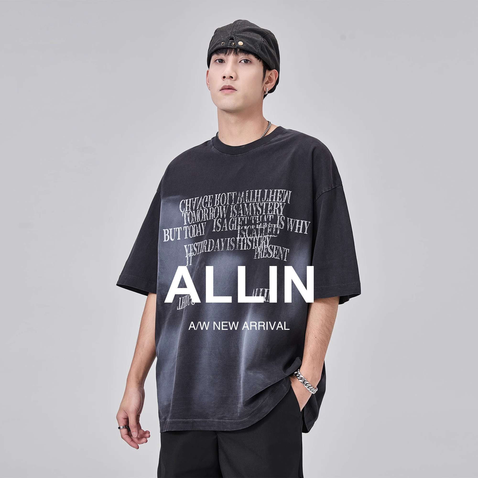 ALLIN 黑色洗水短袖t恤男夏季潮牌字母印花纯棉重磅圆领半袖上衣