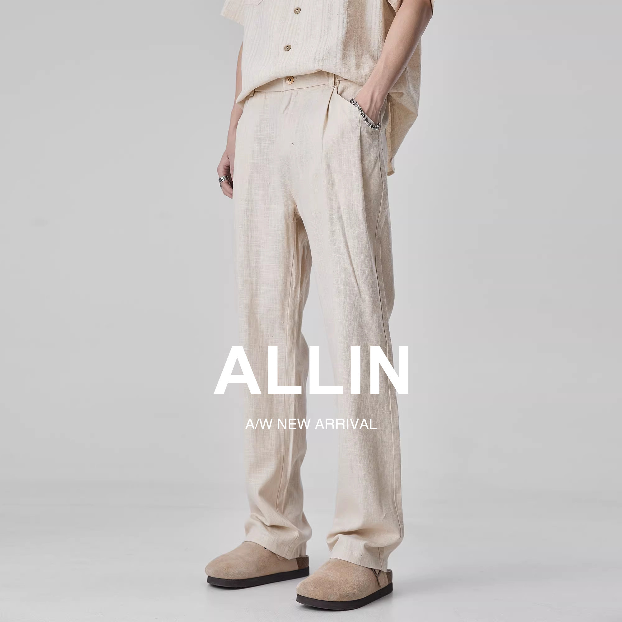 ALLIN 浅色亚麻休闲裤男夏季薄款透气西裤复古潮牌直筒百搭长裤子