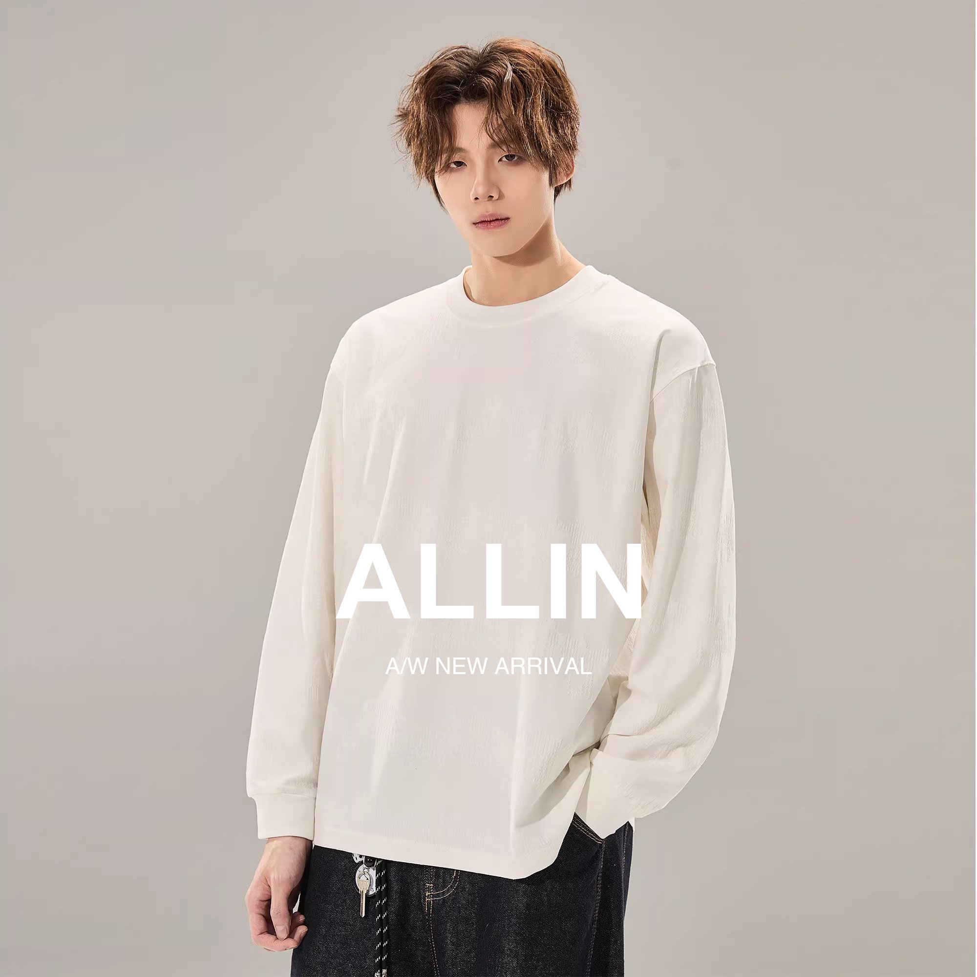 ALLIN 白色重磅长袖T恤男春秋提花暗纹百搭打底衫情侣款圆领上