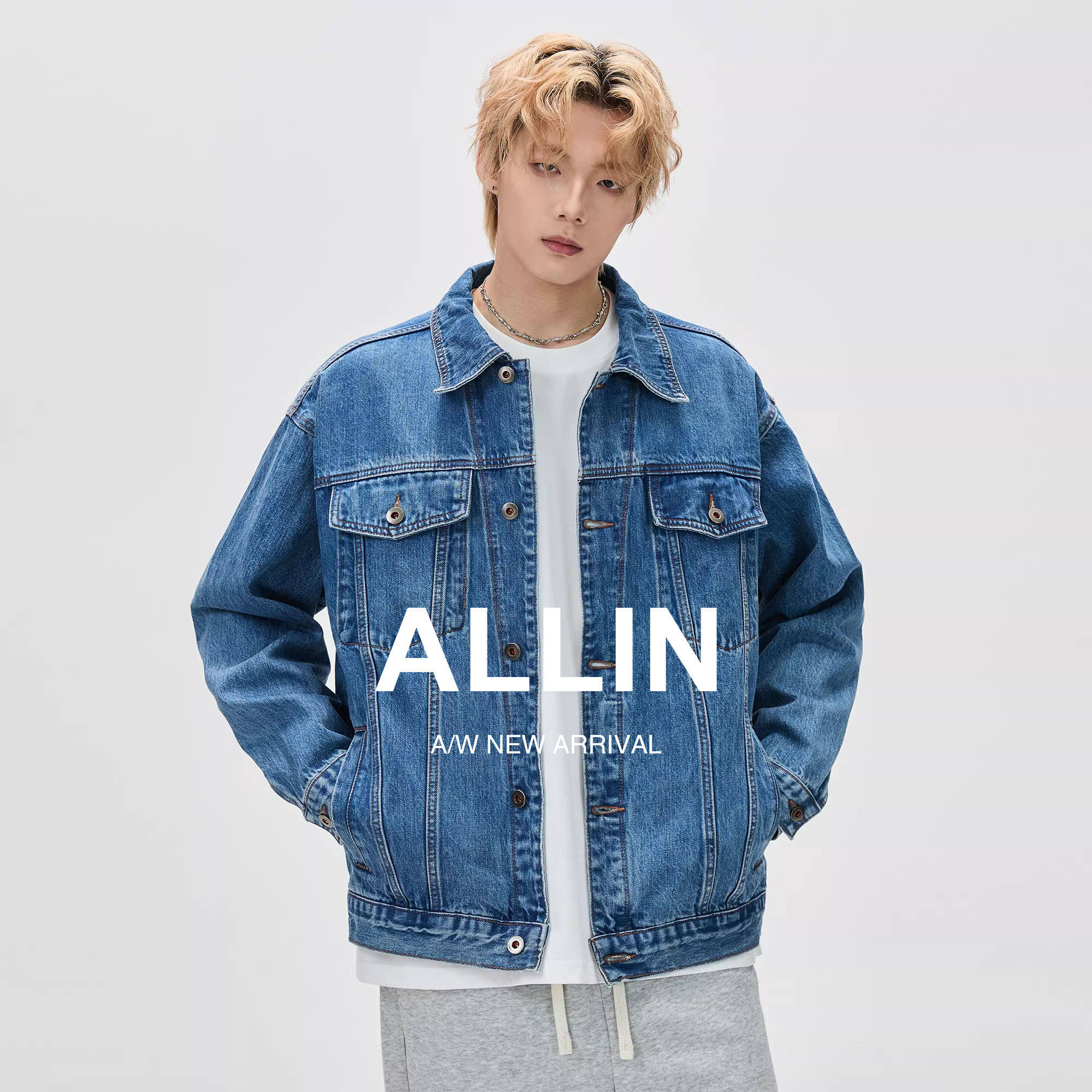 ALLIN 纯棉牛仔外套男秋冬季潮牌宽松cleanfit翻领牛仔衣情侣夹克