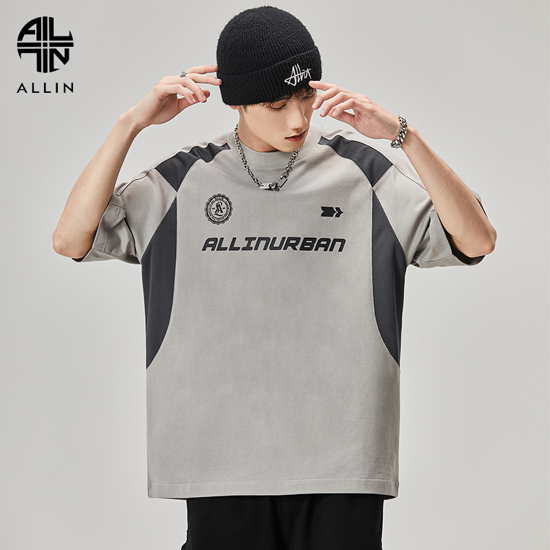 ALLIN 精梳纯棉短袖t恤男夏季重磅拼接撞色球服运动休闲宽松上
