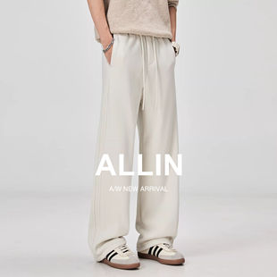 子加绒加厚直筒抽绳运动卫裤 男秋冬高街阔腿长裤 休闲弯刀裤 ALLIN