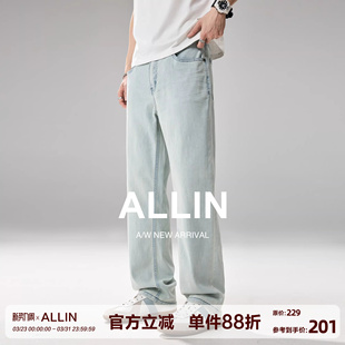 高街棉麻混纺莱赛尔直筒长裤 男春秋美式 子 浅蓝色水洗牛仔裤 ALLIN