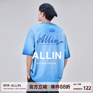 品牌字母印花蜡染渐变半袖 t恤男夏季 上衣 纯棉重磅水洗短袖 ALLIN