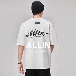 潮牌字母印花半袖 ALLIN 美式 t恤男夏季 情侣上衣 纯棉重磅白色短袖