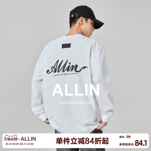 ALLIN 白色长袖t恤男女春秋字母印花圆领套头纯棉重磅打底衫上衣