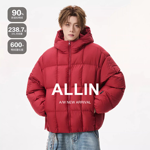 ALLIN 情侣90羽绒服男冬季连帽短款加厚保暖面包服红色本命年外套