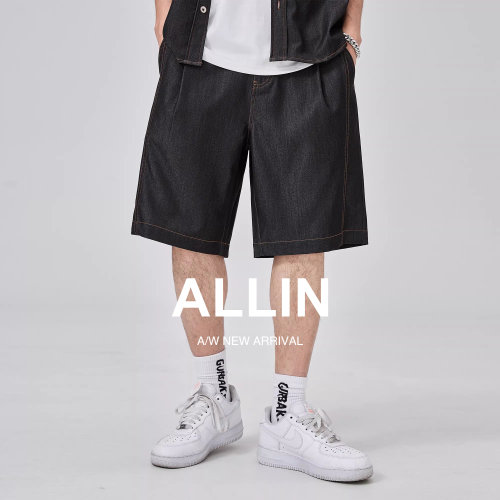 ALLIN 夏季黑色牛仔短裤男宽松直筒薄款五分裤美式原色休闲中裤子