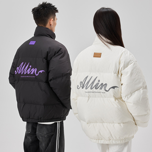 ALLIN 情侣短款立领羽绒服男冬季美式字母刺绣高级感潮牌帅气外套
