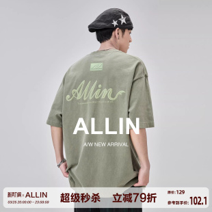 字母立体印花纯棉情侣水洗半袖 t恤男夏季 上衣 重磅圆领短袖 ALLIN
