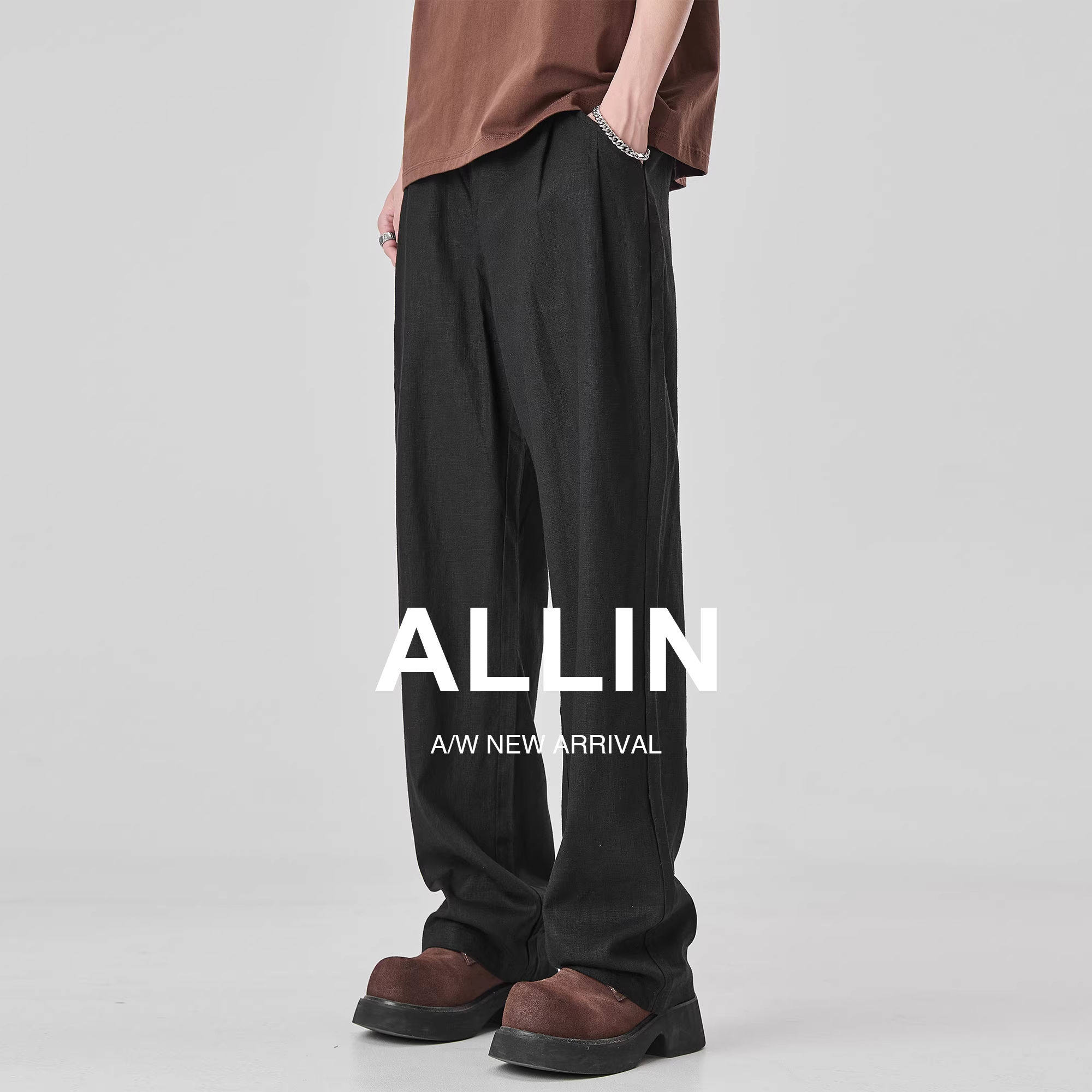 ALLIN 黑色薄款亚麻裤子男款夏季透气男裤直筒休闲裤棉麻微喇长