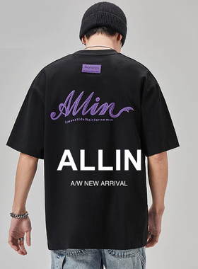 ALLIN 重磅纯棉短袖t恤男女夏季黑色五分袖字母发泡印花半袖上衣