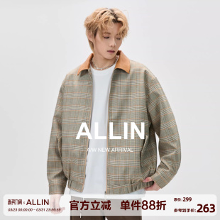ALLIN 复古老钱风cleanfit翻领夹克男春秋潮牌千鸟格休闲情侣外套