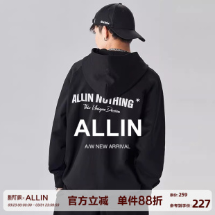 潮牌宽松拉链外套 潮流ins开衫 ALLIN 重磅连帽字母卫衣男春秋美式