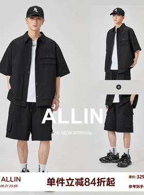 ALLIN 黑色工装短袖衬衫套装男士夏季宽松速干休闲运动两件套短裤