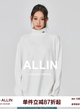 ALLIN 半高领t恤男女款春秋字母刺绣打底衫百搭纯色内搭情侣上衣