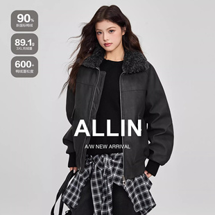 ALLIN 巴恩风毛领拼接皮衣羽绒服女冬季保暖翻领机车夹克情侣外套