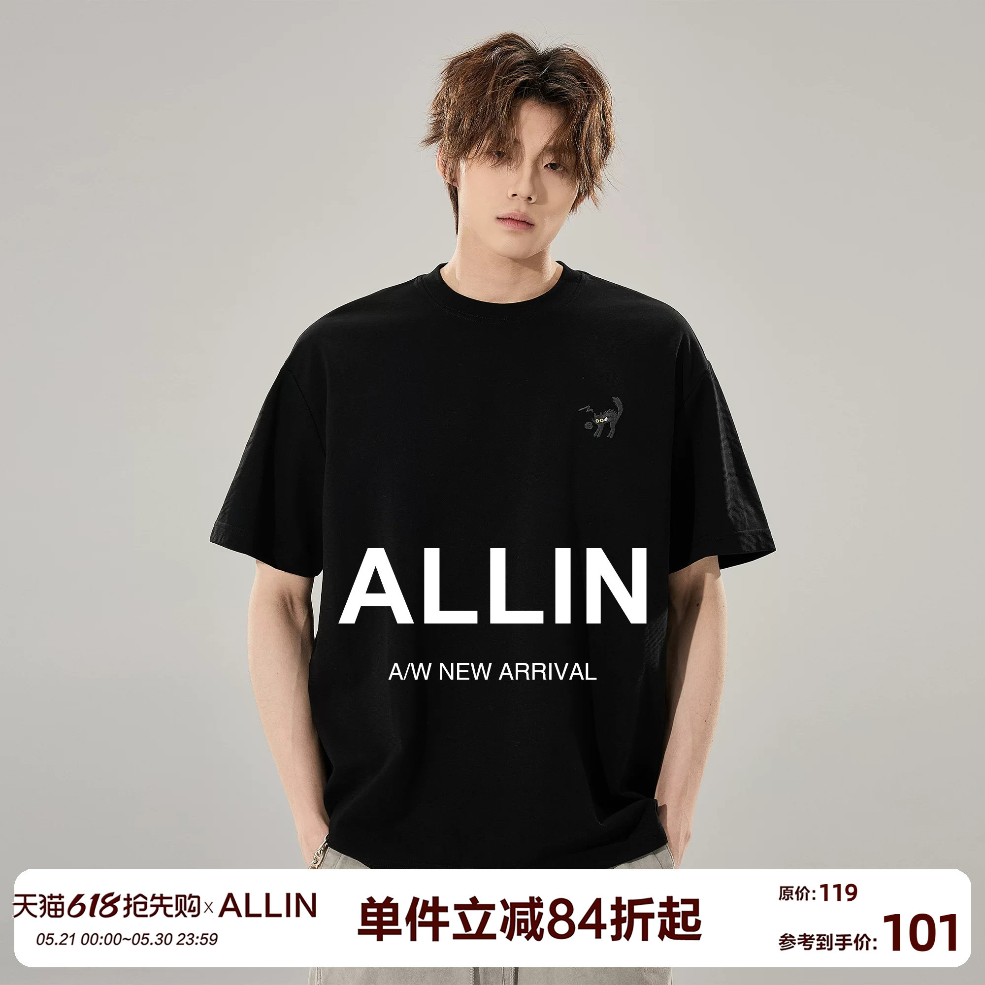 ALLIN 黑色小猫刺绣短袖T恤男夏季潮牌重磅百搭休闲圆领情侣上