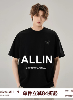 ALLIN 黑色小猫刺绣短袖T恤男夏季潮牌重磅百搭休闲圆领情侣上衣