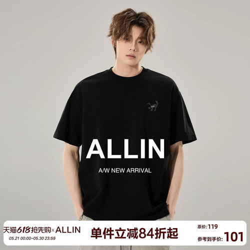 ALLIN 黑色小猫刺绣短袖T恤男夏季潮牌重磅百搭休闲圆领情侣上衣
