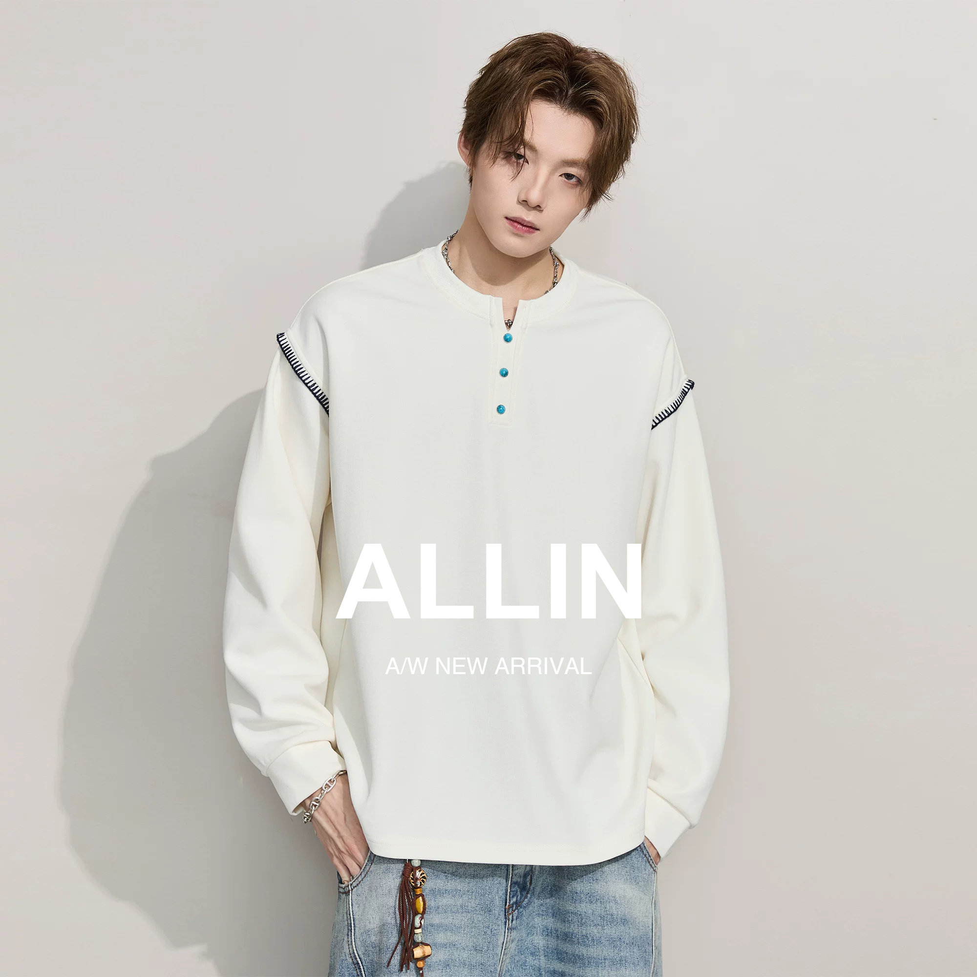 ALLIN 莱赛尔亨利领重磅卫衣男春秋落肩长袖宽松大码情侣休闲外套