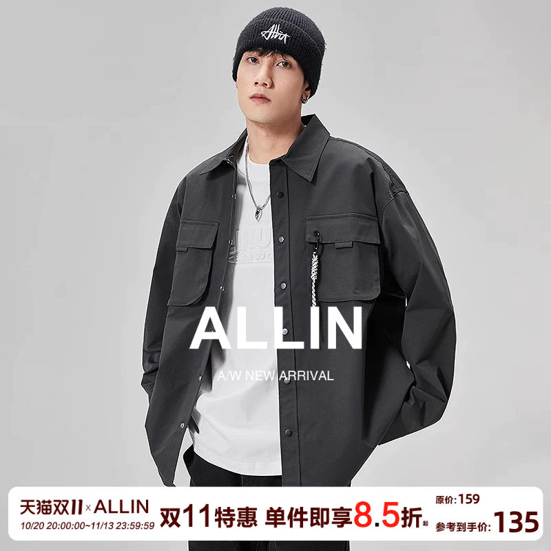 ALLIN 长袖衬衫男春秋美式痞帅翻领宽松百搭衬衣港风男生休闲外