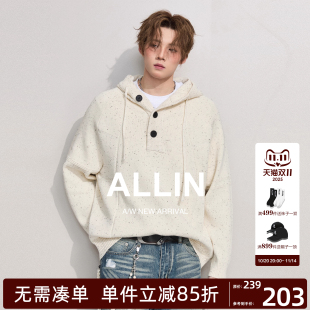 ALLIN 男秋冬慵懒风cleanfit半纽扣含羊毛情侣毛衣 高街连帽针织衫