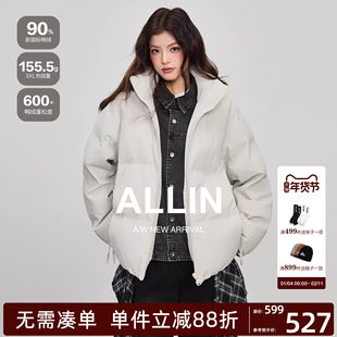 ALLIN 假两件牛仔拼接羽绒服女生冬季短款保暖面包服情侣立领外套