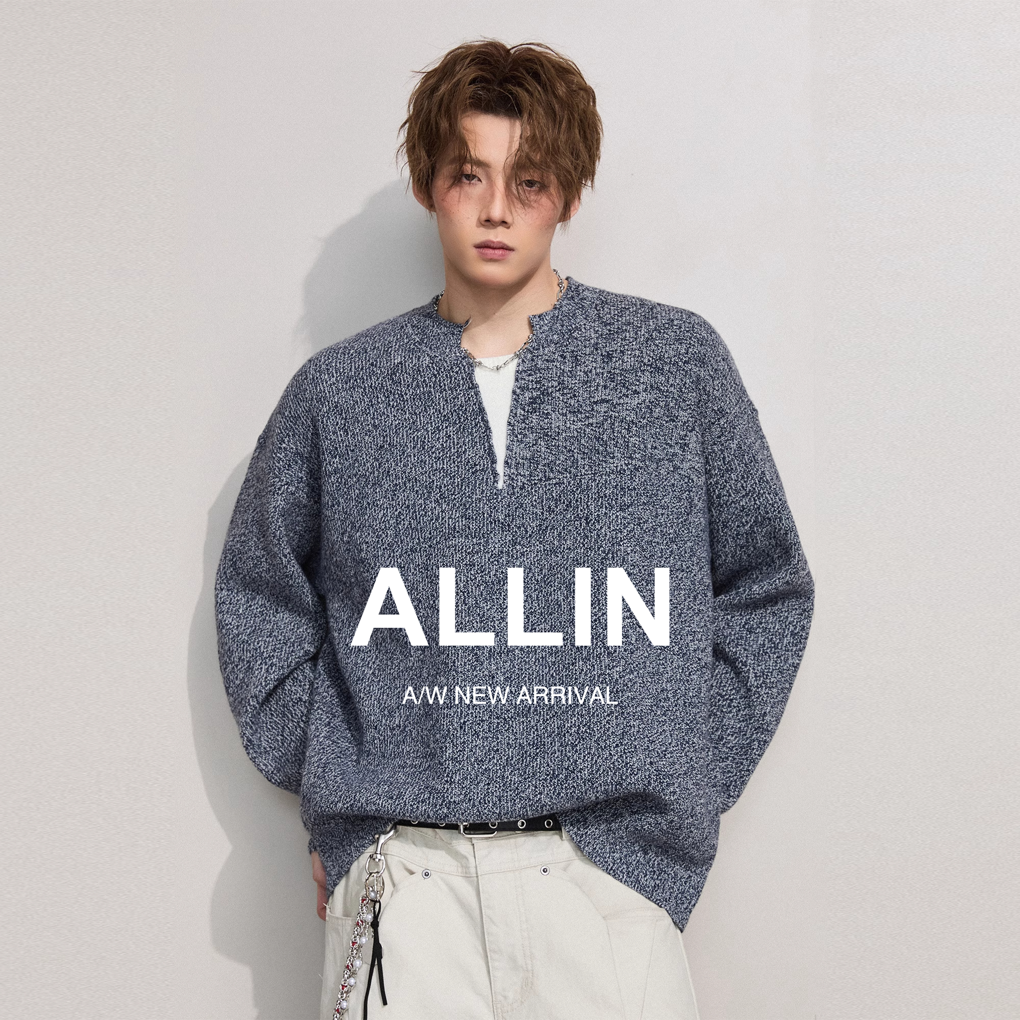 ALLIN 慵懒V领针织衫男生秋冬季休闲套头打底衫情侣保暖内搭毛衣