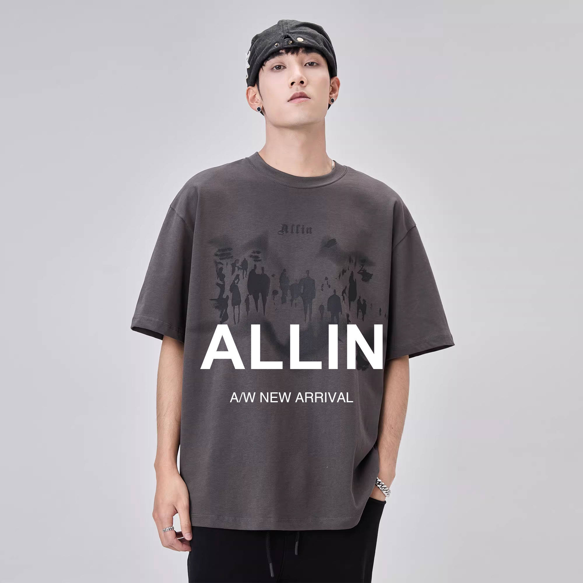 ALLIN 美式纯棉重磅短袖t恤男夏季复古水洗做旧宽松情侣半袖体