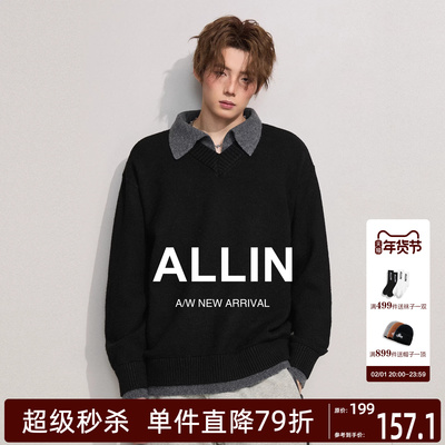 ALLIN 假两件v领翻领毛衣男秋冬cleanfit高级针织衫上衣慵懒外套