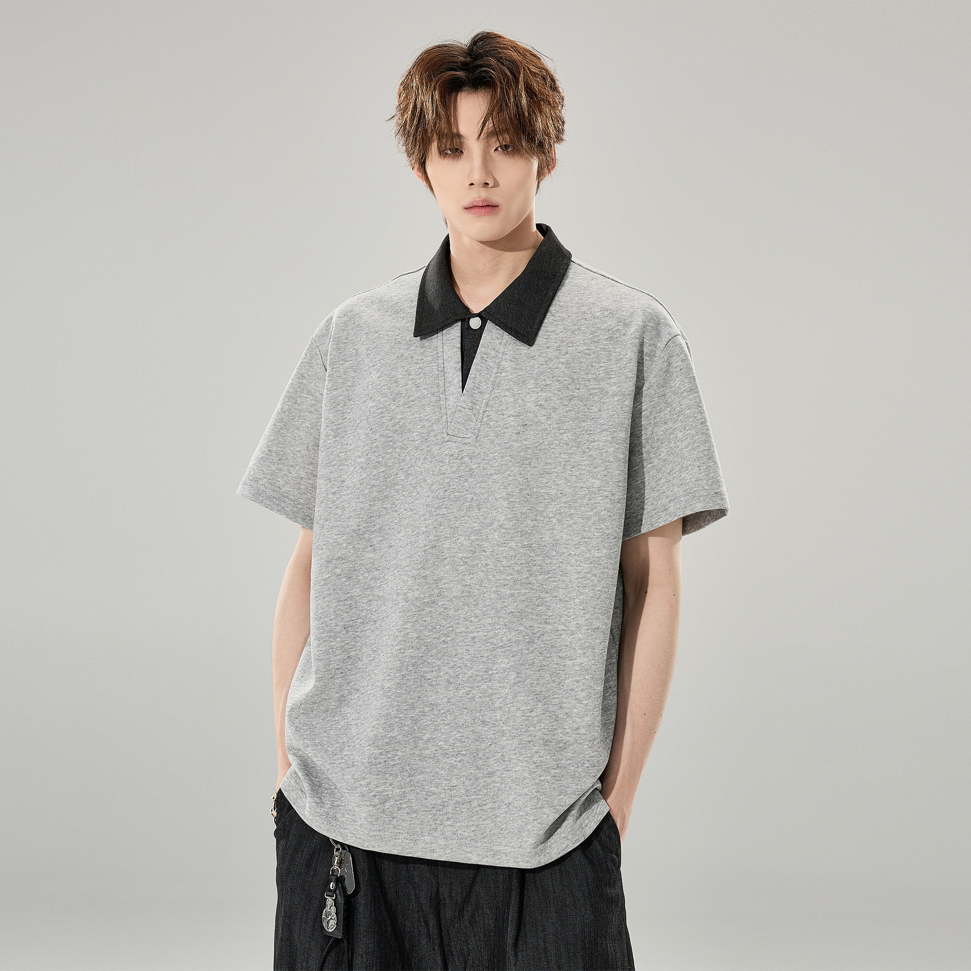 ALLIN 假两件衬衫领拼接短袖T恤男生夏季潮牌重磅情侣Polo