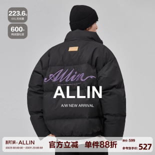 潮牌防寒保暖短款 ALLIN 美式 冬季 立领情侣外套 黑色刺绣羽绒服男士