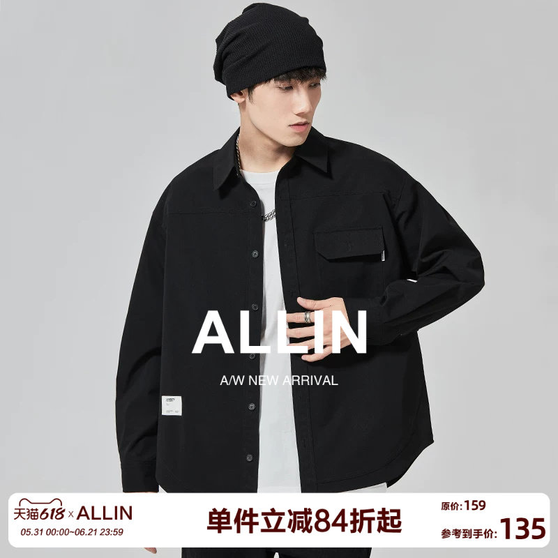 ALLIN 美式工装长袖衬衫男春秋潮牌痞帅宽松衬衣黑色休闲上衣外