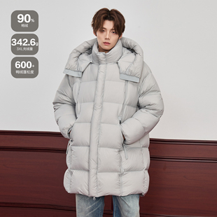 ALLIN 连帽中长款宽松h型90羽绒服男冬季保暖防寒排骨面包服外套