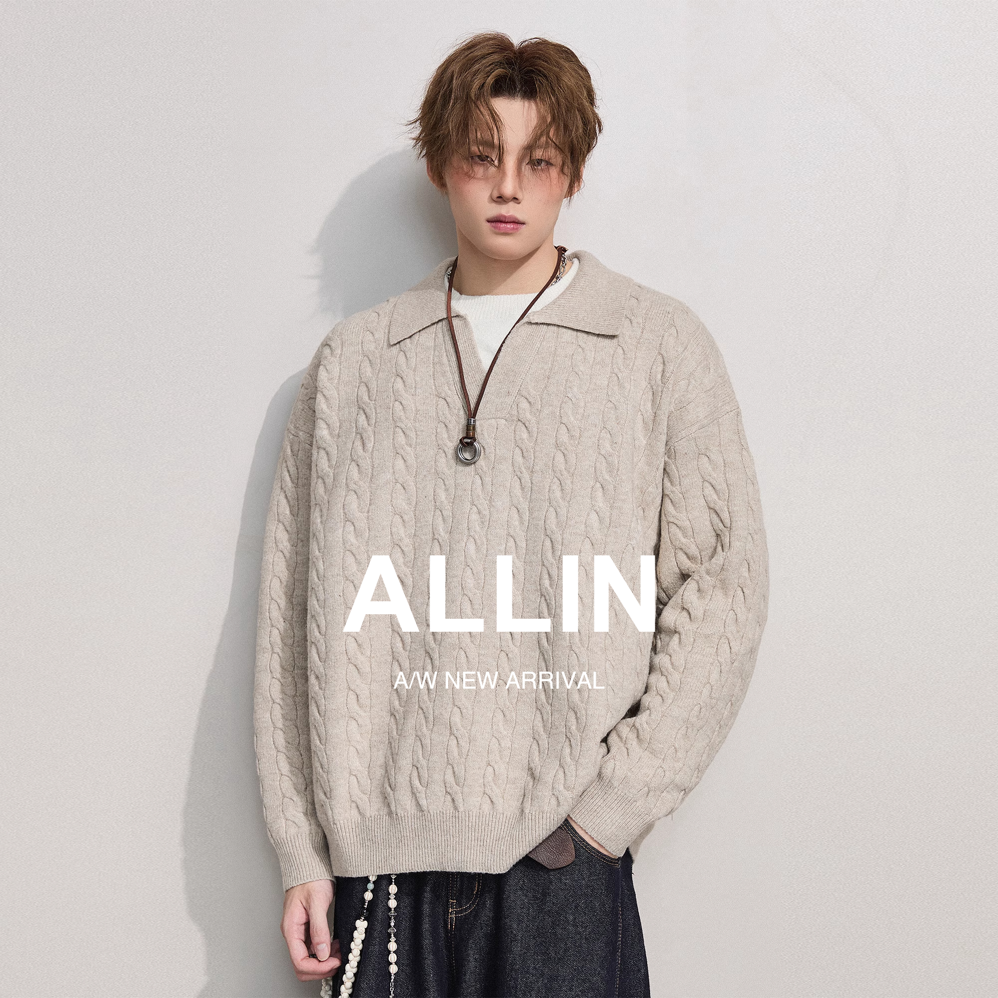 ALLIN 慵懒老钱风假两件毛衣男秋冬含羊毛POLO翻领保暖情侣针织衫
