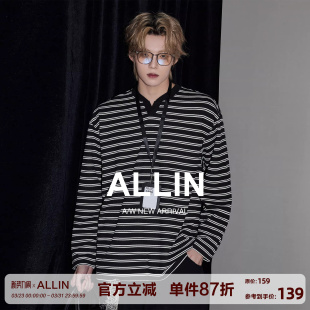 T恤男春秋潮牌重磅宽松打底衫 V领条纹落肩长袖 情侣上衣 美式 ALLIN