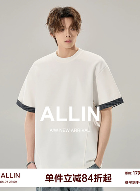 ALLIN 曼巴棉白色短袖T恤男生夏季袖口拼接体恤情侣260g重磅上衣