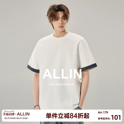 ALLIN 曼巴棉白色短袖T恤男生夏季袖口拼接体恤情侣260g重磅上衣