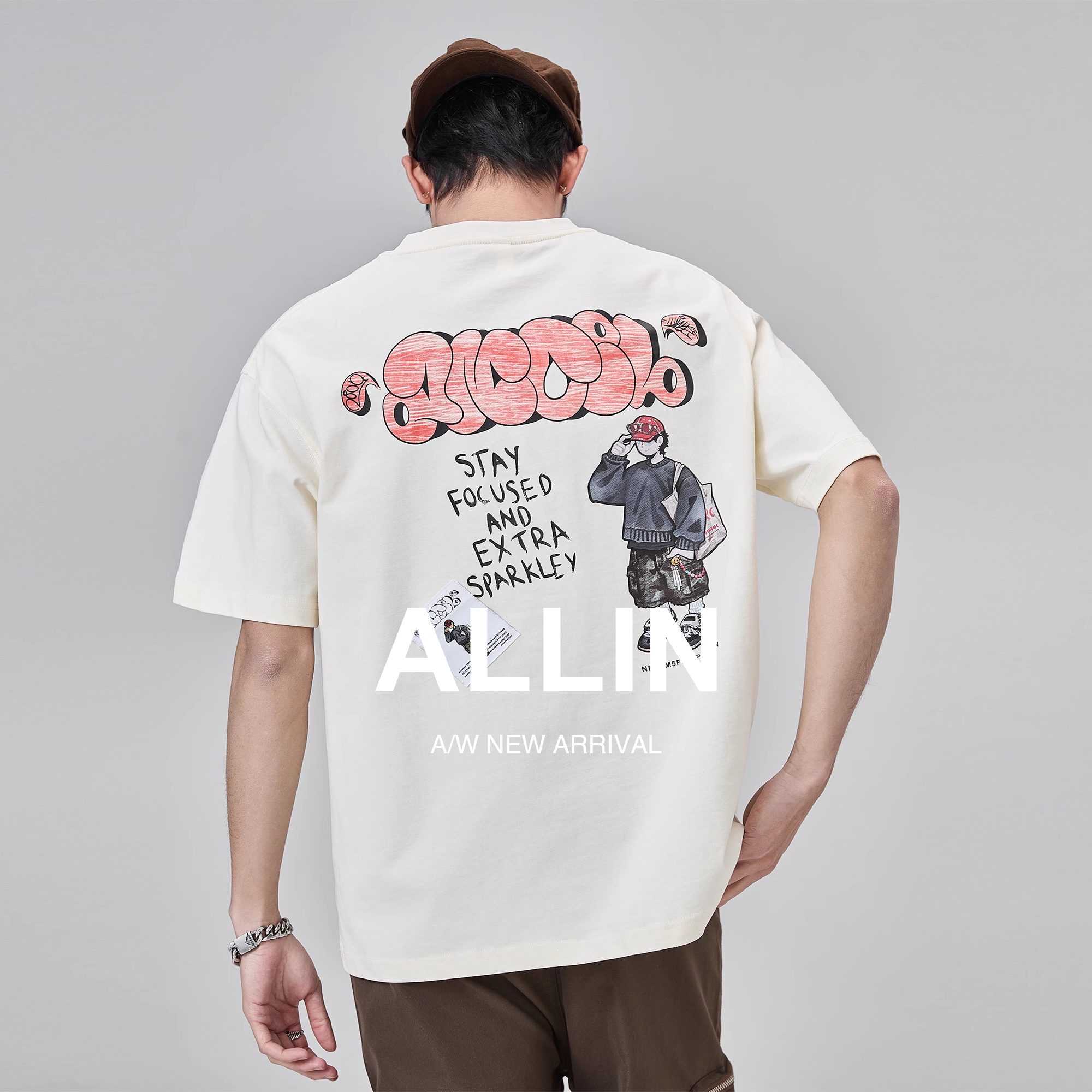 ALLIN 趣味卡通印花短袖t恤男夏季重磅半袖宽松休闲圆领情侣上衣