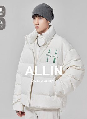 ALLIN 白色鸭绒羽绒服男秋冬潮牌立领面包服加厚保暖休闲情侣外套
