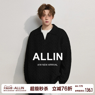ALLIN 假两件黑色毛衣男春秋季情侣慵懒麻花翻领含羊毛针织衫外套