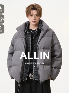 ALLIN 美式假两件灰色面包羽绒服男冬季cleanfit短款立领情侣外套
