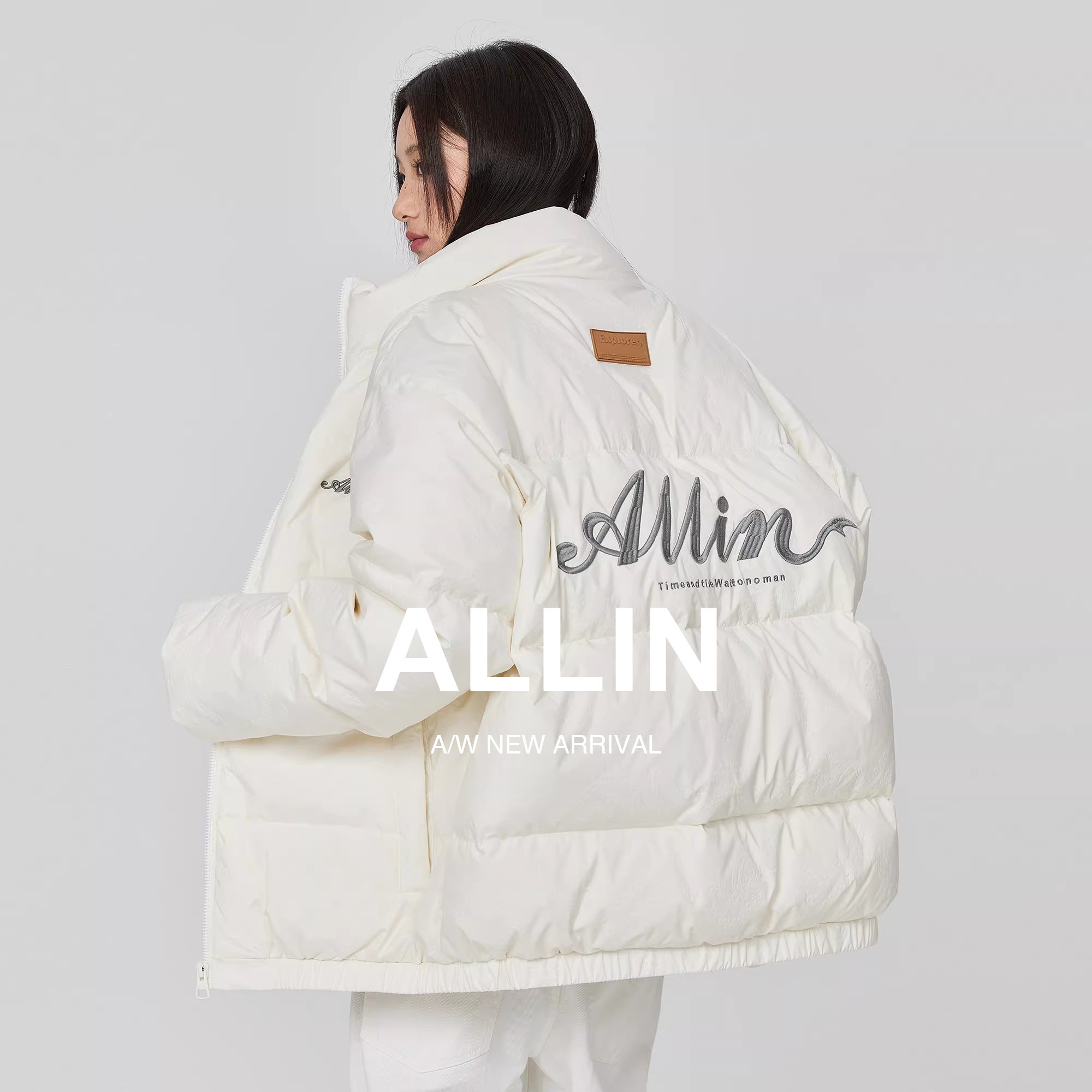 ALLIN 白色羽绒服男女款冬季青少年情侣潮牌帅气字母刺绣短款外套