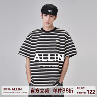 潮牌重磅落肩宽松百搭撞色半袖 t恤男夏季 情侣上衣 条纹短袖 ALLIN