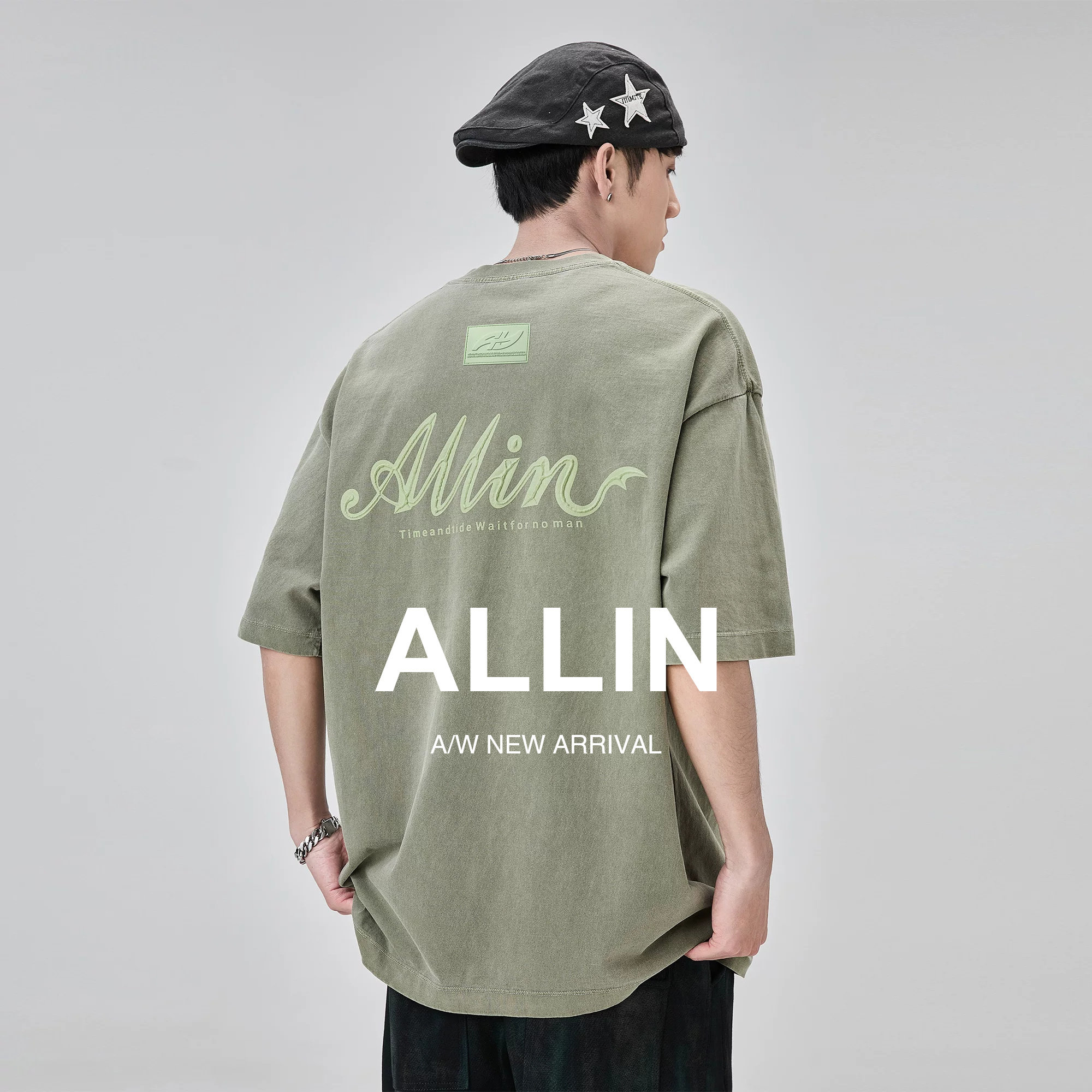 ALLIN 重磅圆领短袖t恤男夏季字母立体印花纯棉情侣水洗半袖上衣 - 实物图