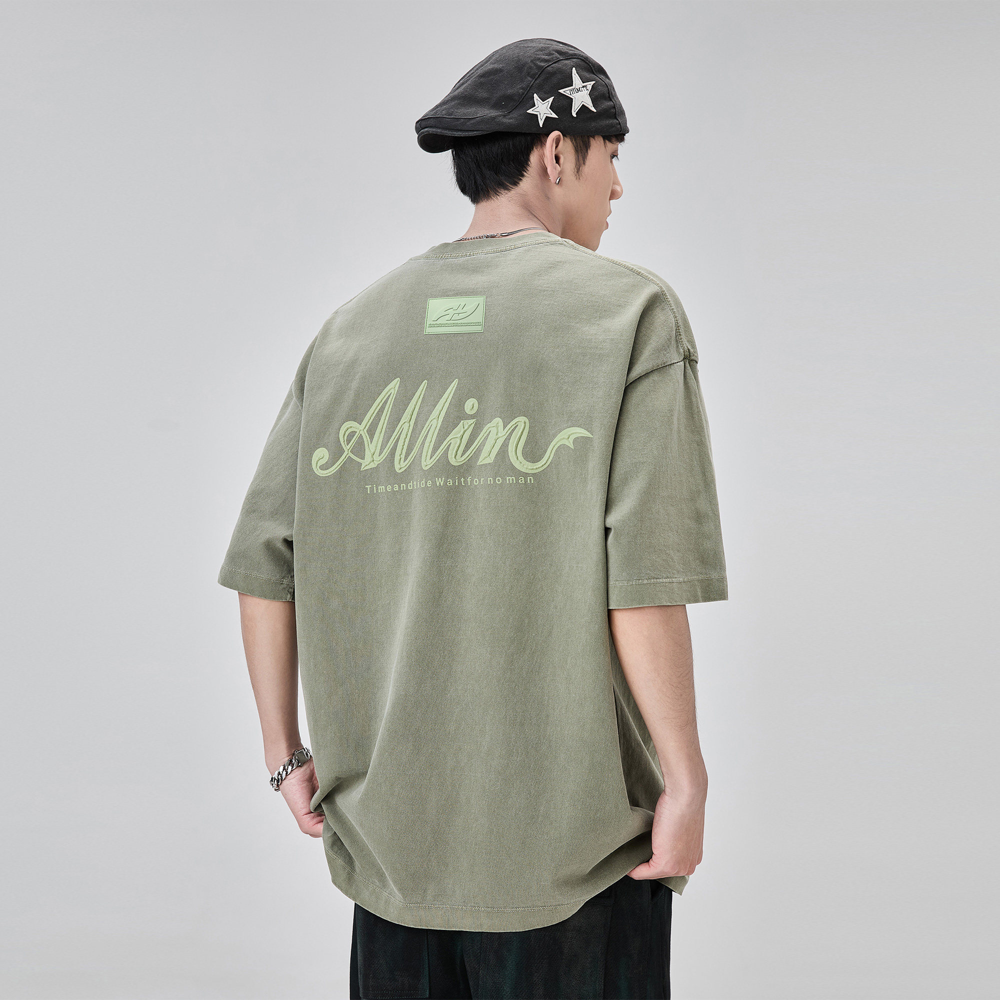 thumbnail for ALLIN Heavyweight Crew Neck Short Sleeve T-Shirt Men's Summer Monogram Three-Dimensional Print Cotton Couple Washed Half Sleeve Top