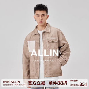夹克男春秋潮牌复古做旧重磅脏染痞帅休闲翻领外套 工装 ALLIN 美式