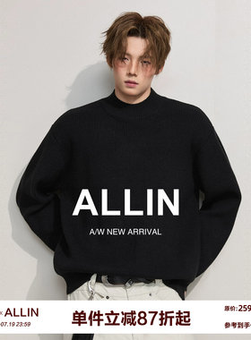 ALLIN 黑色半高领保暖针织打底衫男春秋情侣宽松百搭线衣内搭毛衣
